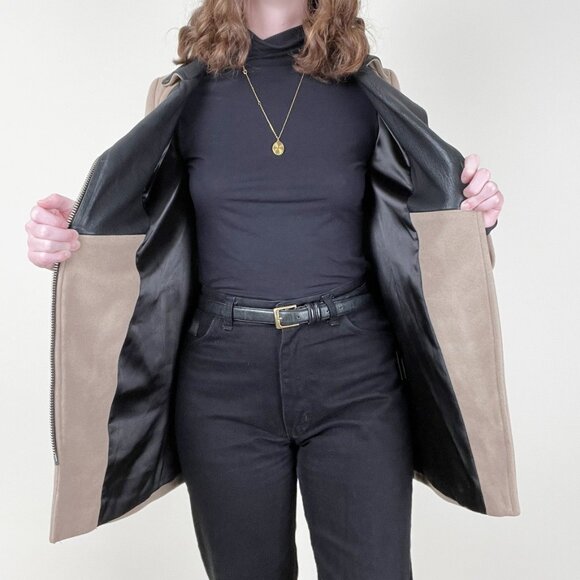 Mackage Wool Cashmere Leather Coat Jacket Moto Long Peacoat Preppy Motorcycle - Picture 2 of 11